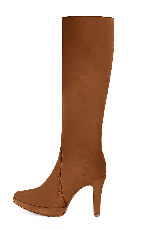 Caramel brown women's feminine knee-high boots. Round toe. Very high slim heel with a platform at the front. Made to measure. Profile view - Florence KOOIJMAN